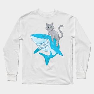 Awesome cat riding a shark to the new adventures Long Sleeve T-Shirt